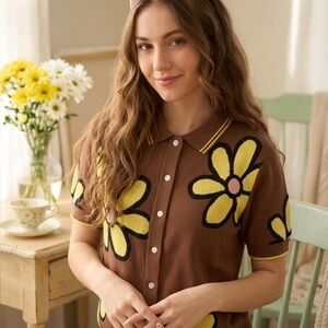 NWT Wesc S/S POLO COLLAR CARDIGAN DAISYS SUMMER KNIT BOXY SHORT SLEEVE SHIRT